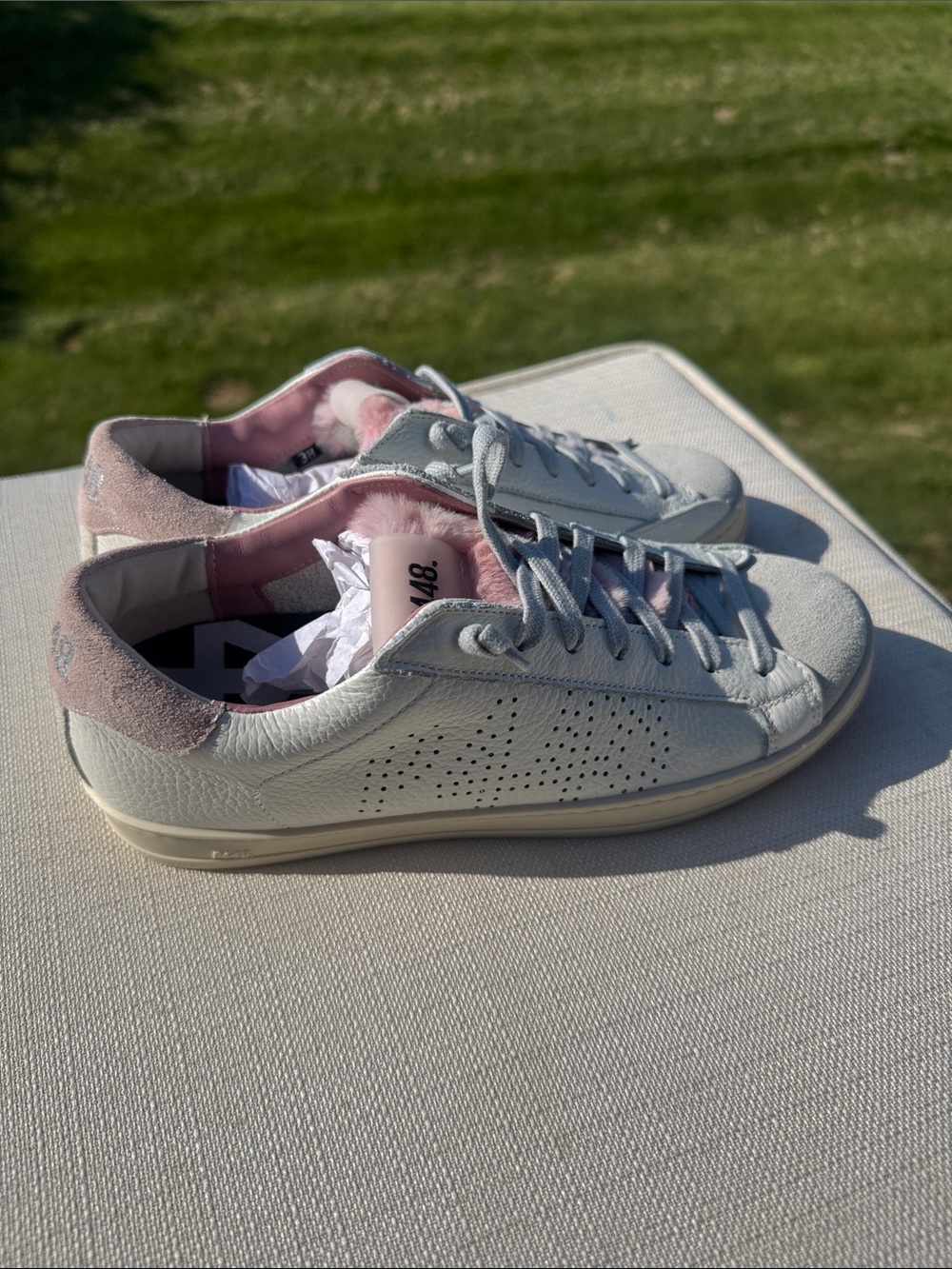P448 White Leather Sneakers with Pink Suede Heel